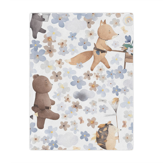 Baby Animal Floral Minky Blanket — Soft Woodland Fox & Bear Nursery Throw